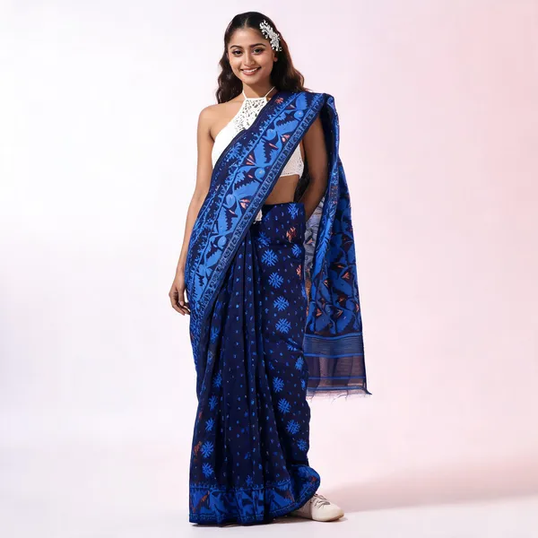 Blue_Cotton_Silk_Handloom_Dhakai_Jamdani_Saree_For_Women