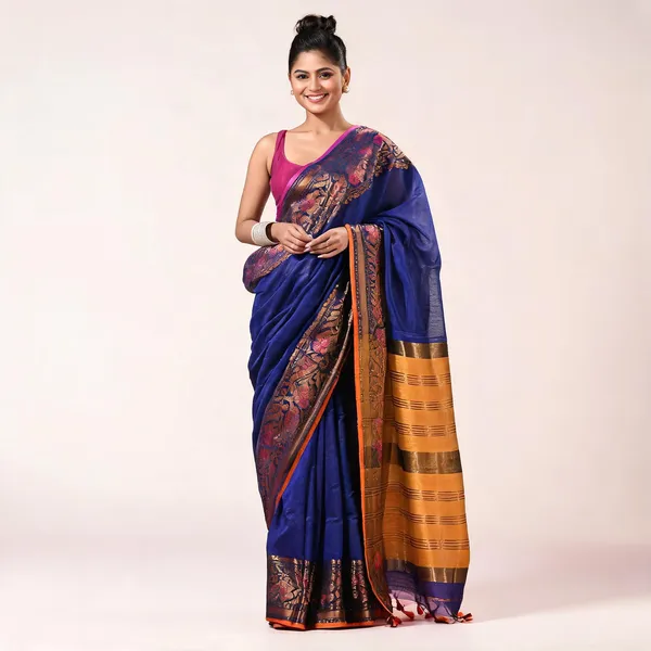Blue_Cotton_Blend_Handloom_Floral_Kanjivaram_Saree_With_Blouse_For_Women