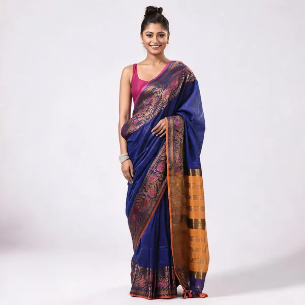 Blue_Cotton_Blend_Handloom_Floral_Kanjivaram_Saree_With_Blouse_For_Women