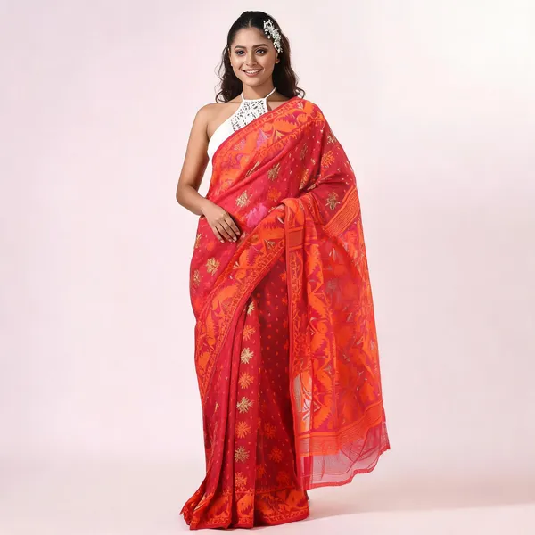 Red_Cotton_Silk_Handloom_Dhakai_Jamdani_Saree_For_Women