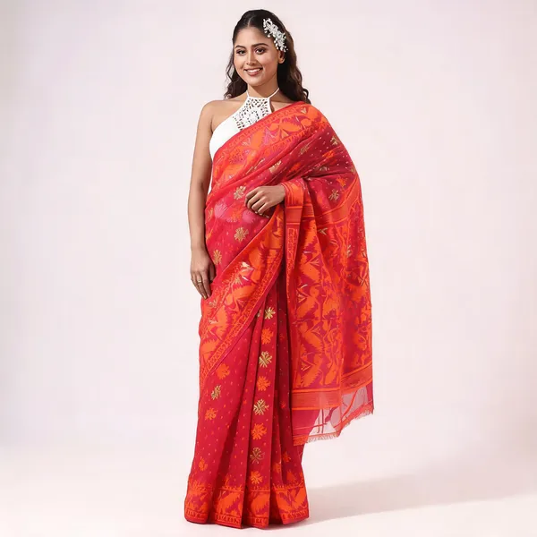 Red_Cotton_Silk_Handloom_Dhakai_Jamdani_Saree_For_Women