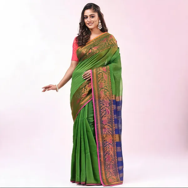 Blue_Green_Cotton_Blend_Handloom_Floral_Saree_With_Blouse_Piece_For_Women