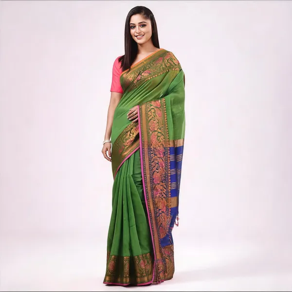 Blue_Green_Cotton_Blend_Handloom_Floral_Saree_With_Blouse_Piece_For_Women
