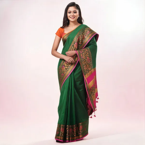 Pink_Green_Cotton_Blend_Handloom_Floral_Saree_With_Blouse_For_Women