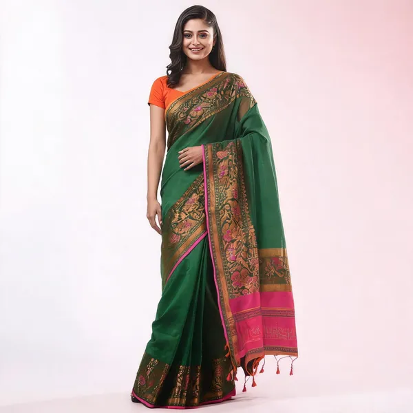 Pink_Green_Cotton_Blend_Handloom_Floral_Saree_With_Blouse_For_Women