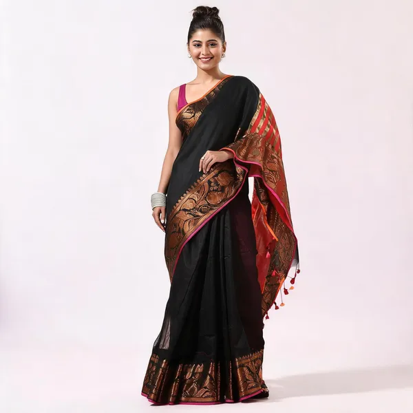 Black_Red_Silk_Handloom_Floral_Saree_With_Blouse_For_Women