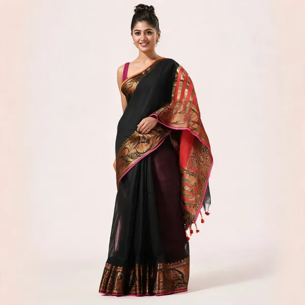 Black_Red_Silk_Handloom_Floral_Saree_With_Blouse_For_Women