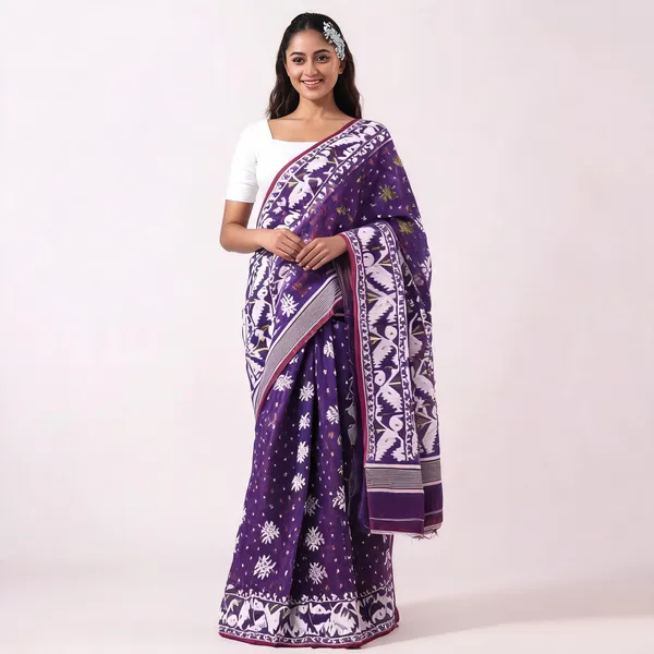 Purple_Silk_Handloom_Floral_Jamdani_Saree_For_Women