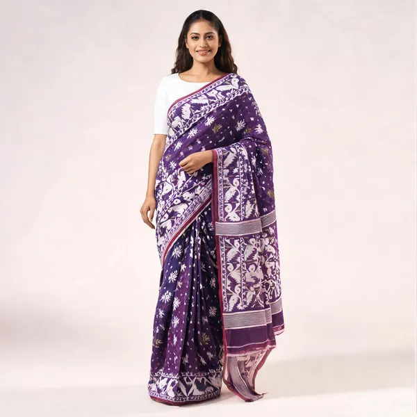 Purple_Silk_Handloom_Floral_Jamdani_Saree_For_Women