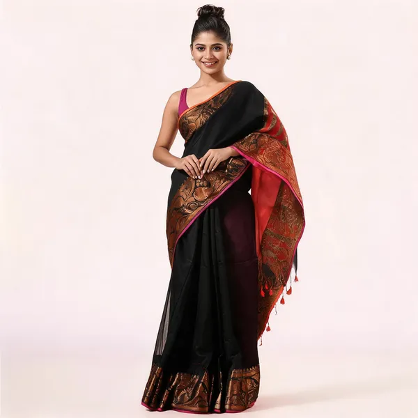 Black_Red_Silk_Floral_Banarasi_Handloom_Saree_With_Blouse_For_Women