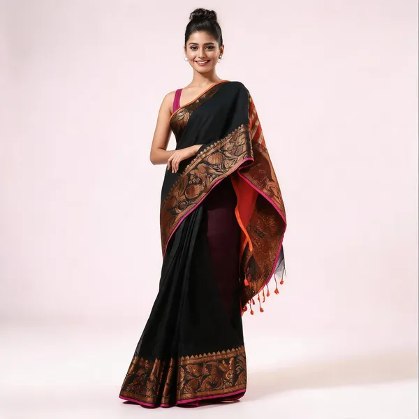 Black_Red_Silk_Floral_Banarasi_Handloom_Saree_With_Blouse_For_Women