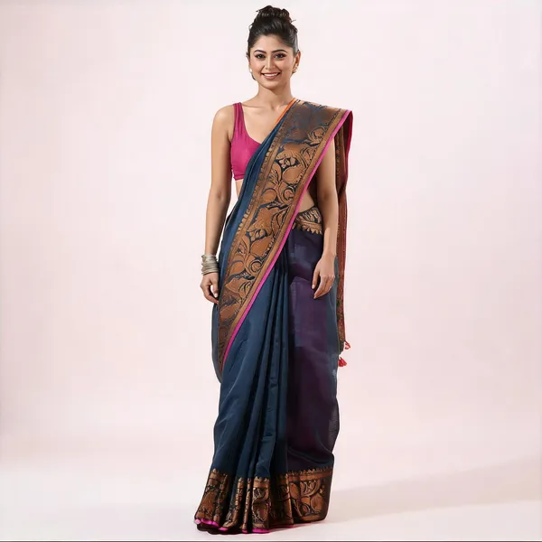 Blue_Cotton_Silk_Floral_Handloom_Kanjivaram_Saree_With_Blouse_For_Women