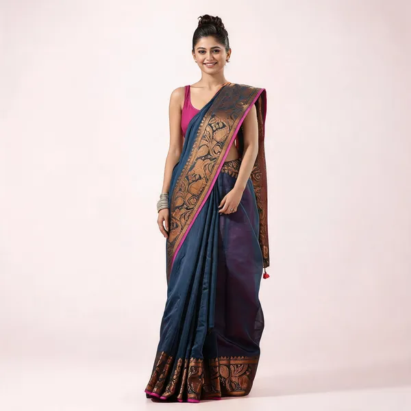 Blue_Cotton_Silk_Floral_Handloom_Kanjivaram_Saree_With_Blouse_For_Women