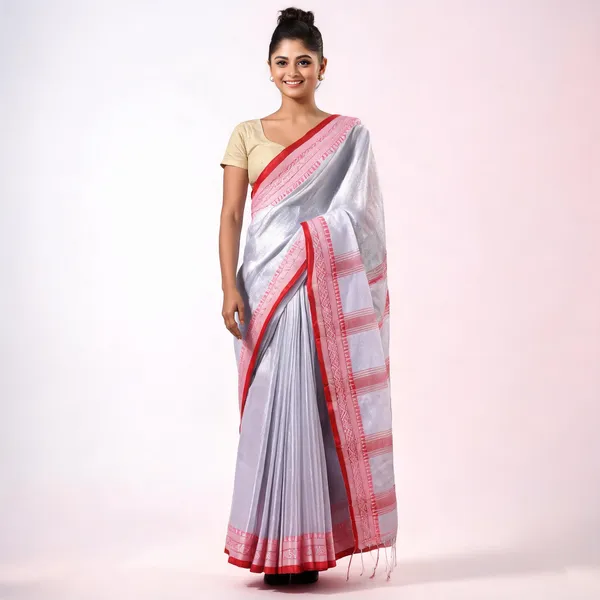 Silver_Cotton_Tissue_Silk_Handloom_Striped_Saree_With_Blouse_For_Women
