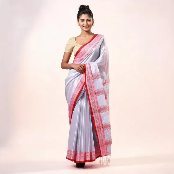 Silver_Cotton_Tissue_Silk_Handloom_Striped_Saree_With_Blouse_For_Women