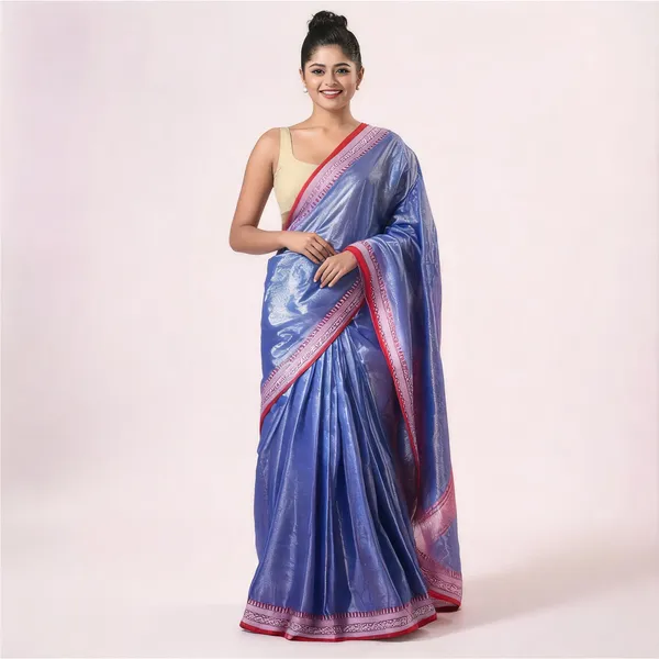 Metallic_Blue_Cotton_Tissue_Silk_Handloom_Floral_Saree_With_Blouse_For_Women