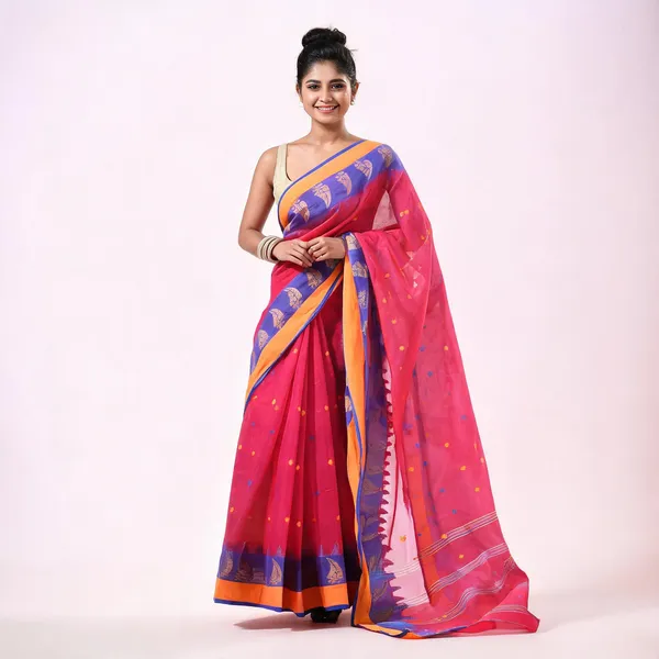 Pink_Cotton_Handloom_Tant_Paisley_Saree_For_Women