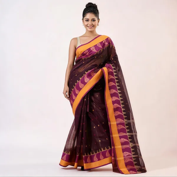 Brown_Cotton_Tant_Handloom_Paisley_Woven_Saree_For_Women
