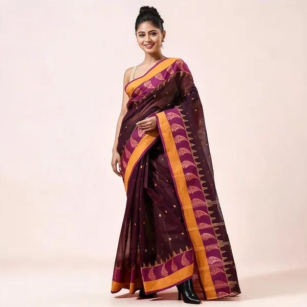 Brown_Cotton_Tant_Handloom_Paisley_Woven_Saree_For_Women