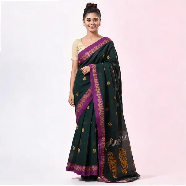 Green_Cotton_Handloom_Floral_Tant_Saree_For_Women