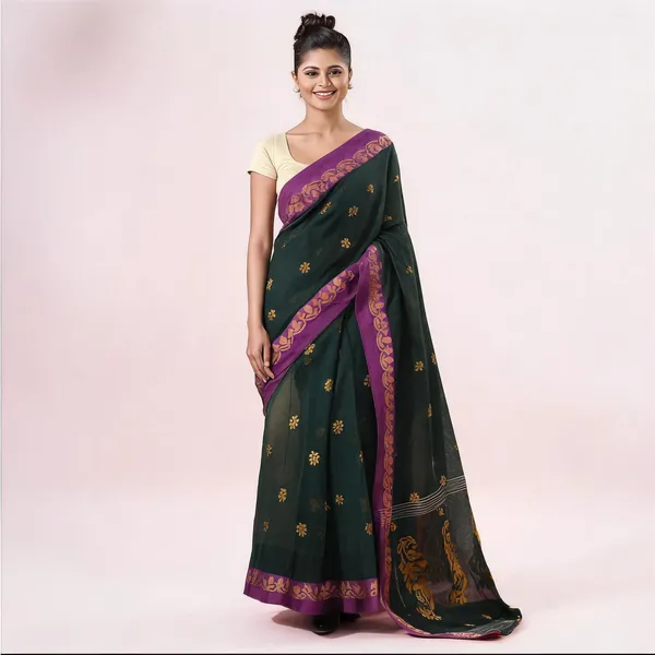 Green_Cotton_Handloom_Floral_Tant_Saree_For_Women