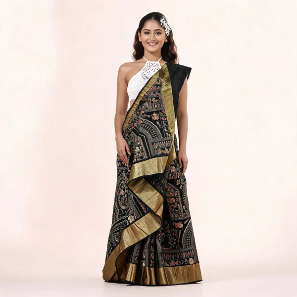 Black_Cotton_Silk_Handloom_Floral_Saree_With_Blouse_For_Women
