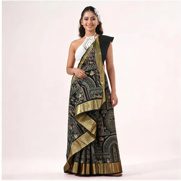 Black_Cotton_Silk_Handloom_Floral_Saree_With_Blouse_For_Women
