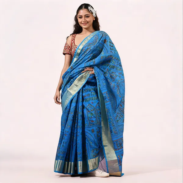 Blue_Cotton_Silk_Handloom_Floral_Tant_Saree_With_Blouse_For_Women