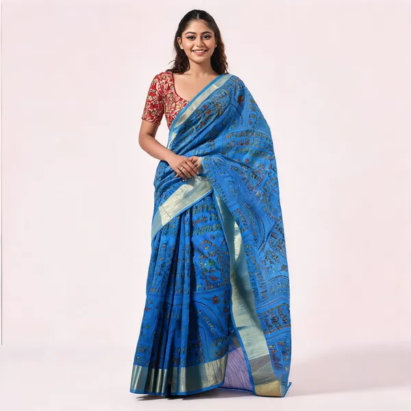 Blue_Cotton_Silk_Handloom_Floral_Tant_Saree_With_Blouse_For_Women
