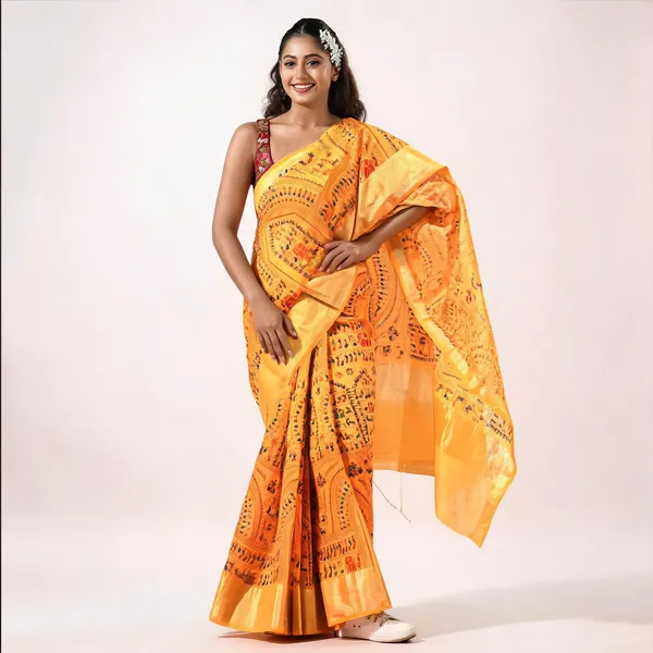Yellow_Cotton_Silk_Handloom_Paisley_Saree_With_Blouse_For_Women