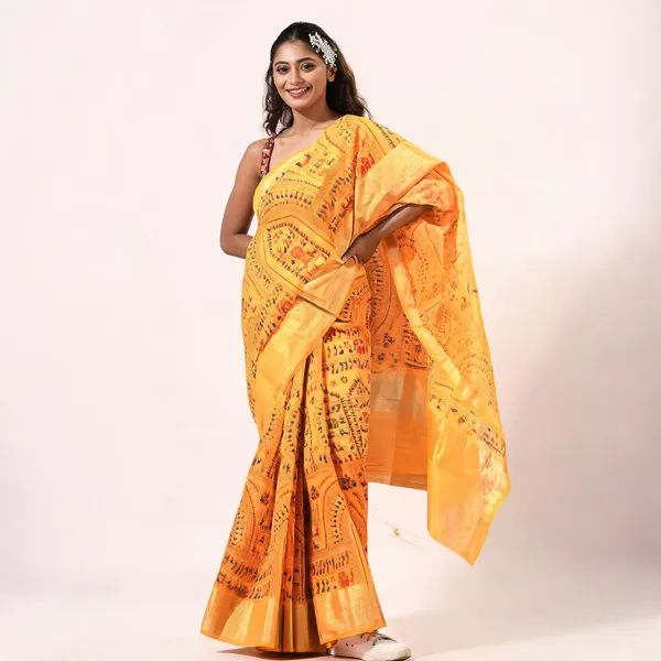 Yellow_Cotton_Silk_Handloom_Paisley_Saree_With_Blouse_For_Women
