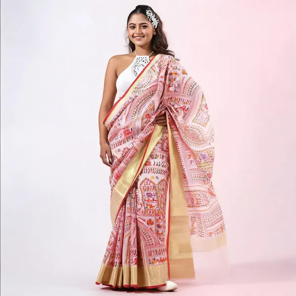 White_Red_Cotton_Silk_Handloom_Floral_Saree_With_Blouse_For_Women