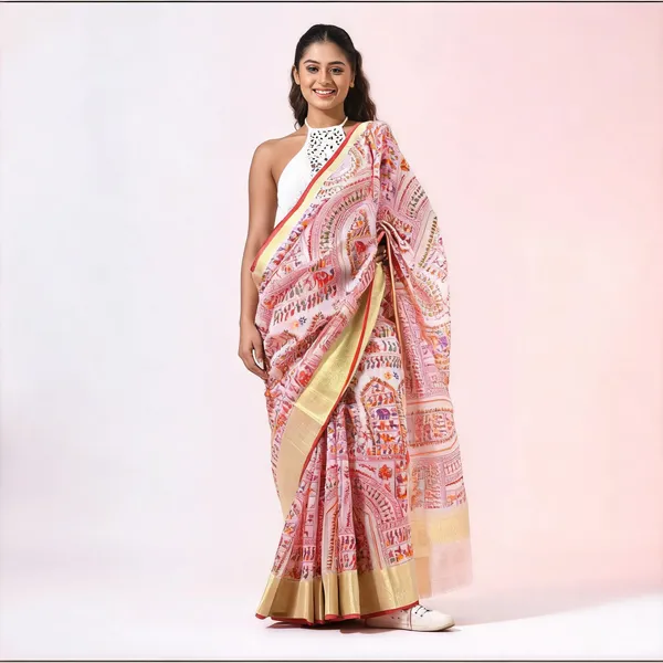 White_Red_Cotton_Silk_Handloom_Floral_Saree_With_Blouse_For_Women