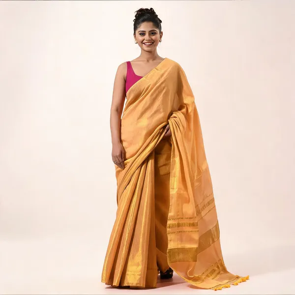 Golden_Cotton_Paisley_Handloom_Tant_Saree_With_Blouse_For_Women
