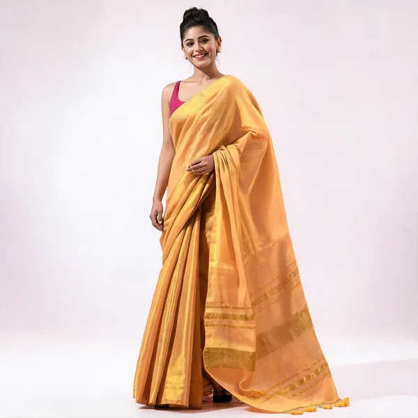 Golden_Cotton_Paisley_Handloom_Tant_Saree_With_Blouse_For_Women
