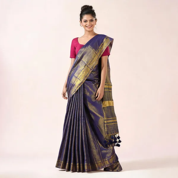 Purple_Cotton_Paisley_Handloom_Tant_Saree_With_Blouse_For_Women