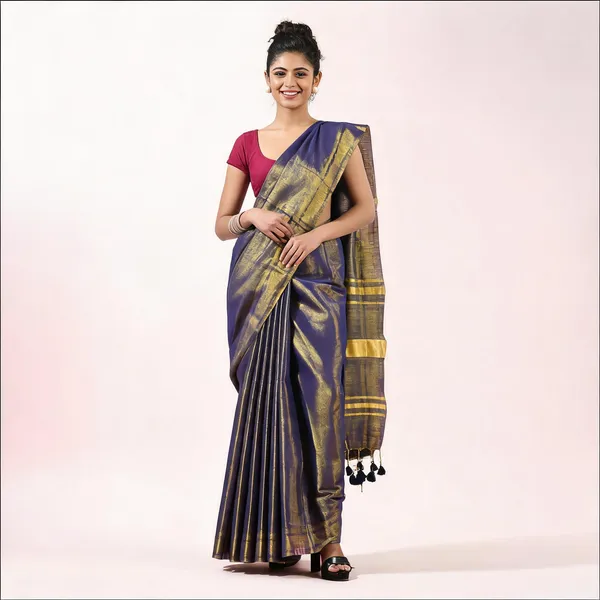 Purple_Cotton_Paisley_Handloom_Tant_Saree_With_Blouse_For_Women