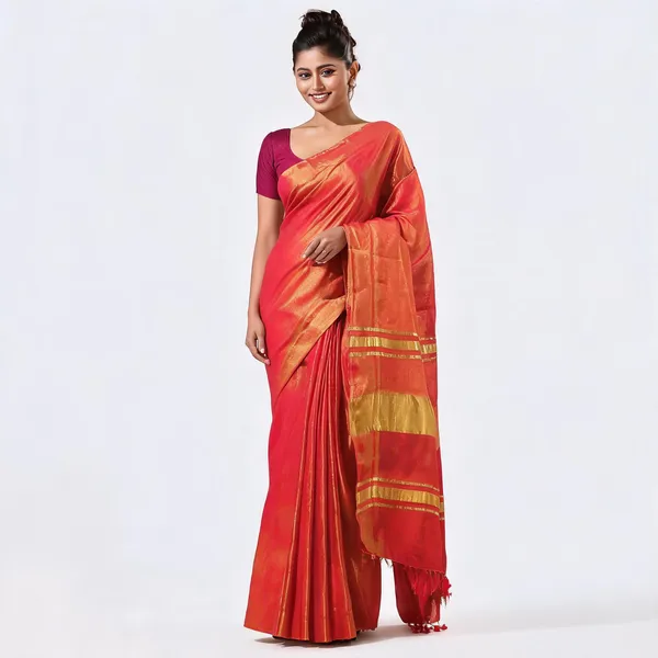 Red_Cotton_Paisley_Handloom_Tant_Saree_With_Blouse_For_Women