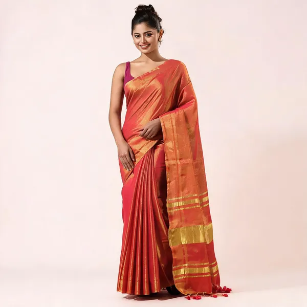 Red_Cotton_Paisley_Handloom_Tant_Saree_With_Blouse_For_Women