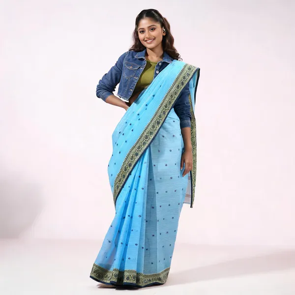 Blue_Cotton_Floral_Handloom_Tant_Saree_For_Women