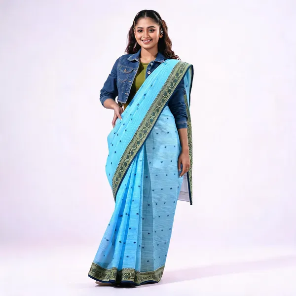 Blue_Cotton_Floral_Handloom_Tant_Saree_For_Women