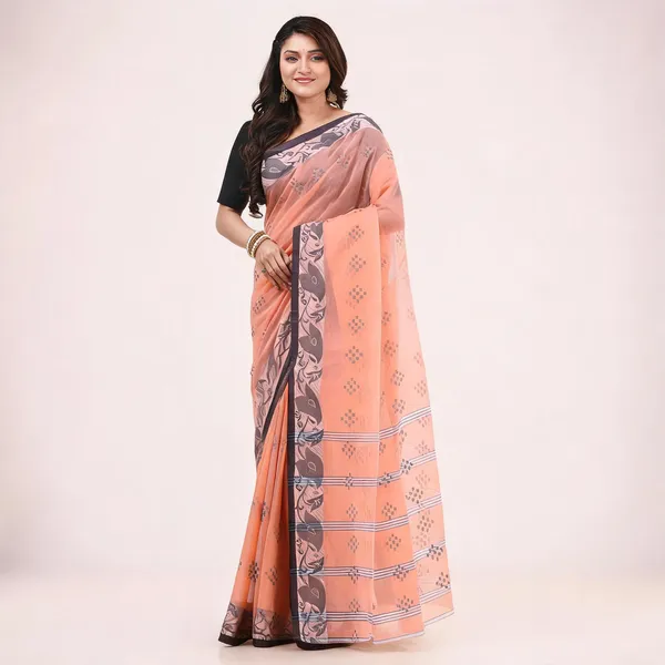 Orange_Cotton_Tant_Handloom_Floral_Saree_For_Women