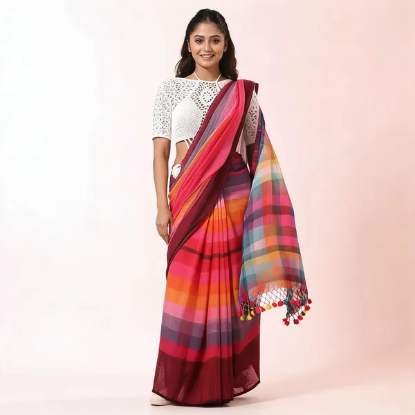 Red_Cotton_Floral_Tant_Handloom_Saree_With_Blouse_For_Women