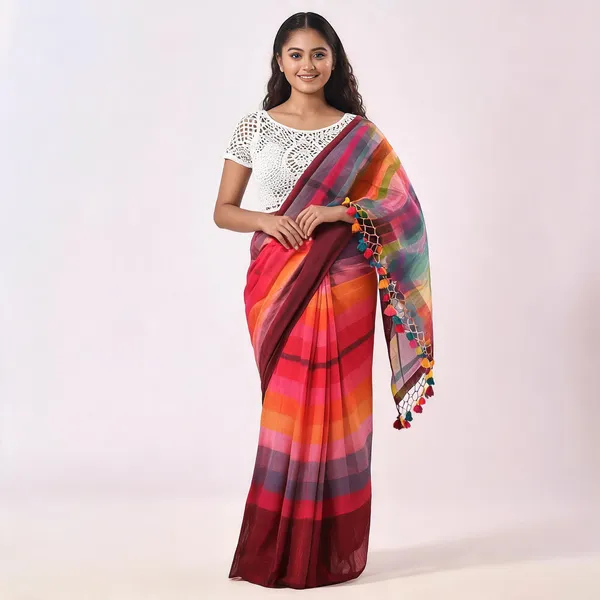 Red_Cotton_Floral_Tant_Handloom_Saree_With_Blouse_For_Women