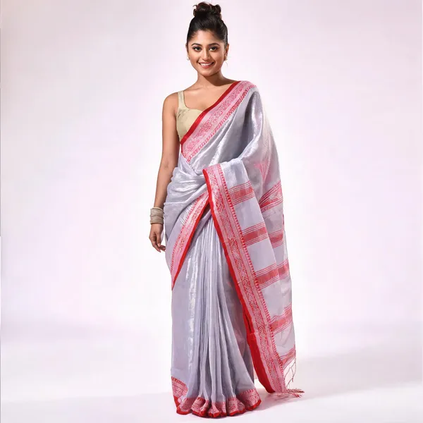 Silver_Cotton_Silk_Handloom_Striped_Saree_With_Blouse_Piece_For_Women