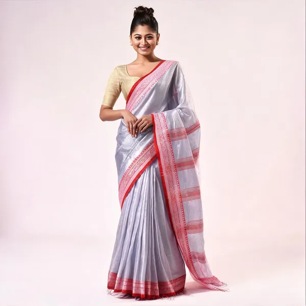 Silver_Cotton_Silk_Handloom_Striped_Saree_With_Blouse_Piece_For_Women