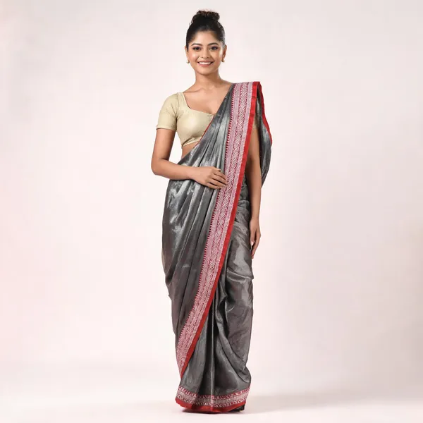 Dark_Grey_Cotton_Silk_Handloom_Striped_Saree_With_Blouse_Piece_For_Women