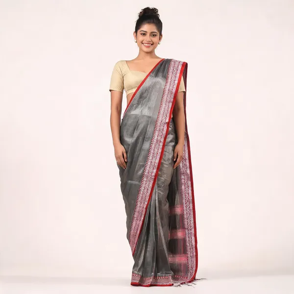 Dark_Grey_Cotton_Silk_Handloom_Striped_Saree_With_Blouse_Piece_For_Women