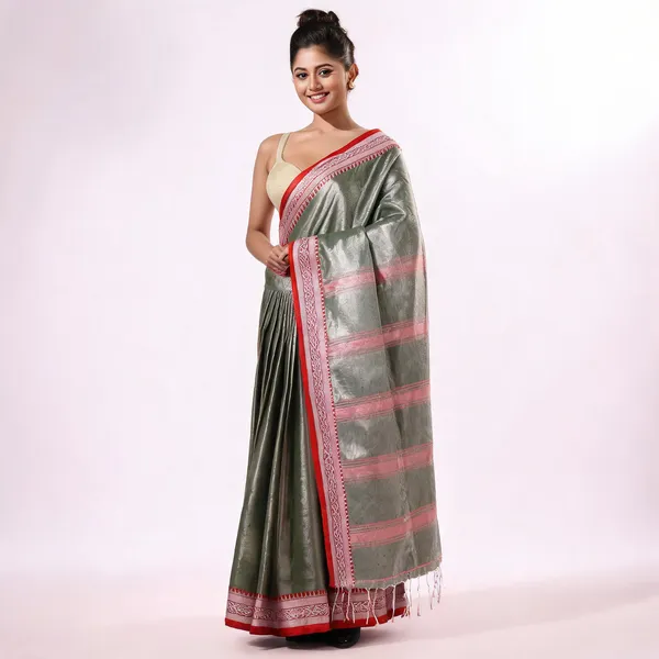 Grey_Cotton_Silk_Handloom_Striped_Saree_With_Blouse_Piece_For_Women