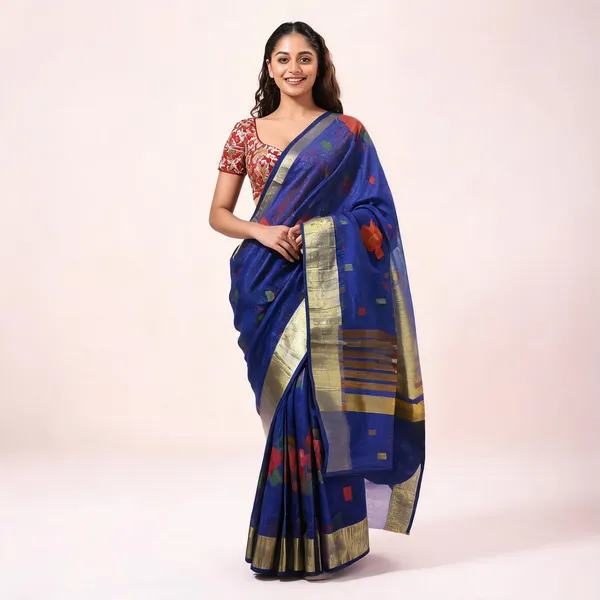 Blue_Silk_Blend_Handloom_Floral_Saree_With_Blouse_Piece_For_Women